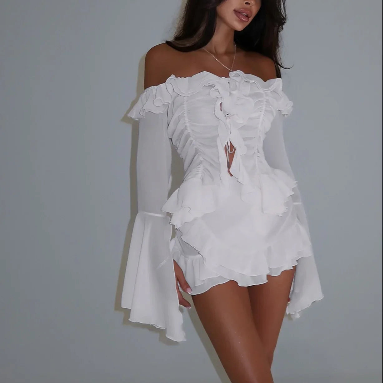 Freya Fabric White Ruffle Off Shoulder Flare Sleeve Mini Dress