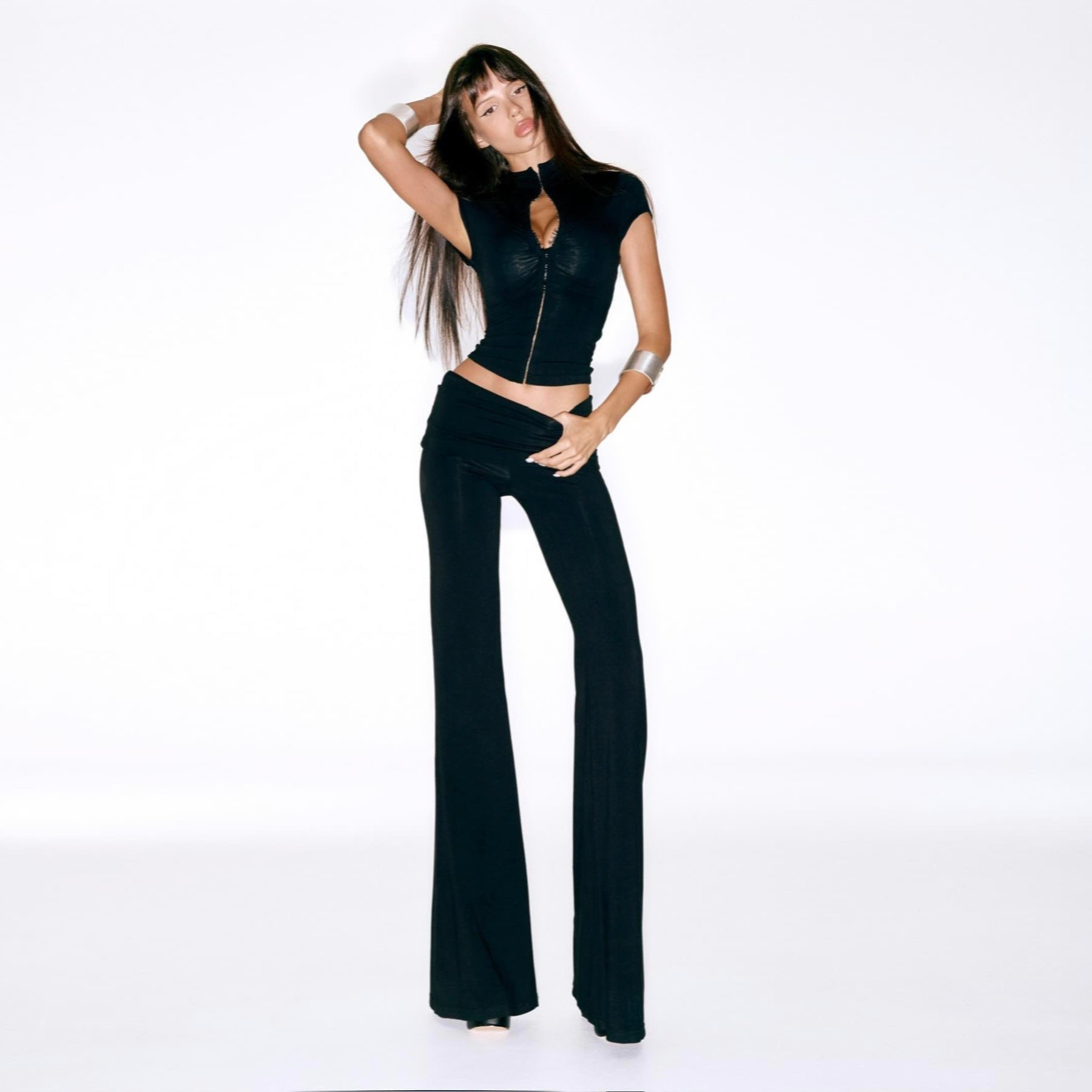 Freya Fabric Black Zip Front Crop Top Wide Leg Pants Set