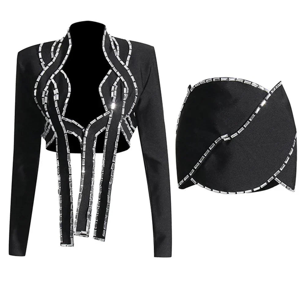 Freya Fabric Black Crystal Trim Cutout Blazer Mini Skirt Set