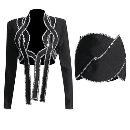 Black Crystal Trim Cutout Blazer Mini Skirt Set