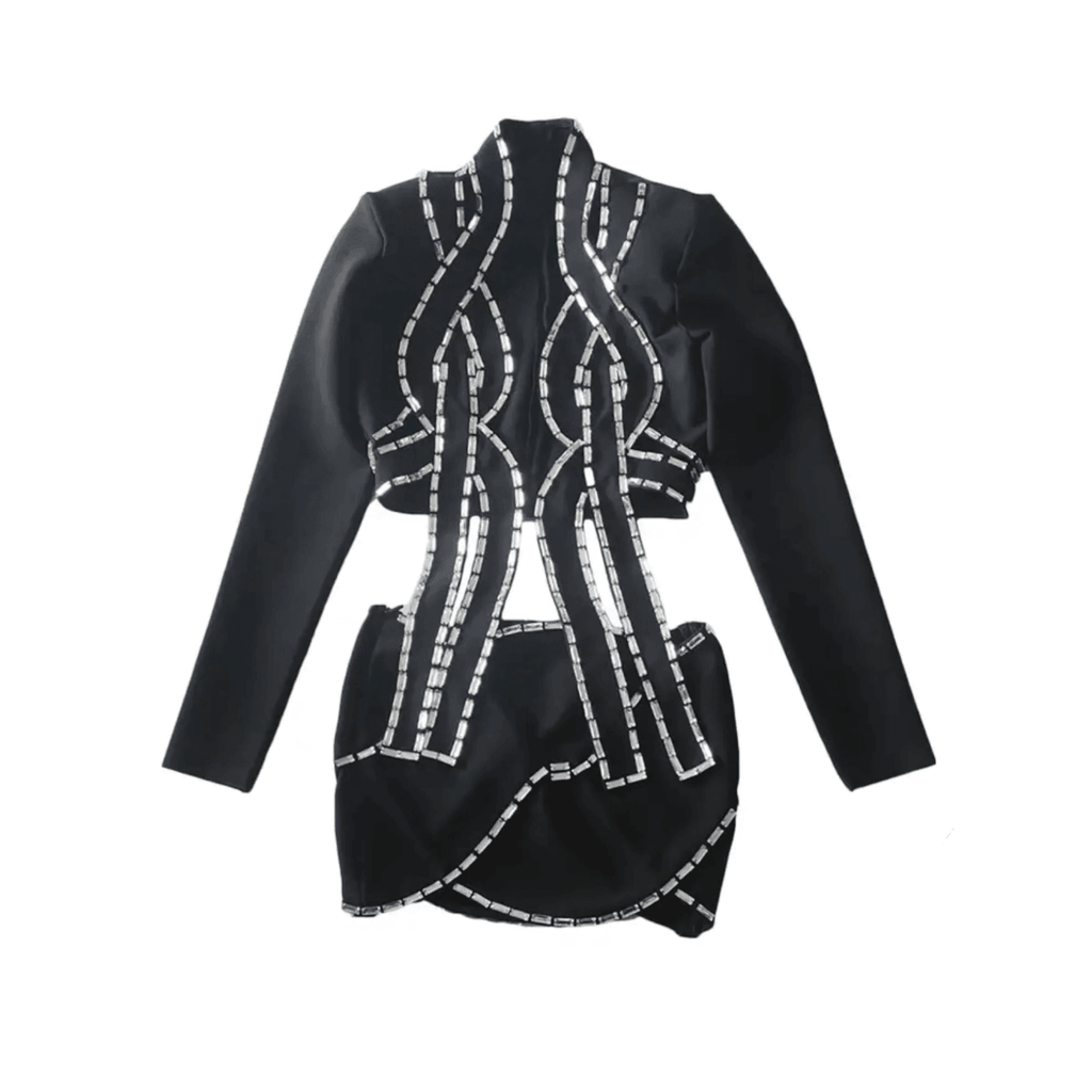 Freya Fabric Black Crystal Trim Cutout Blazer Mini Skirt Set