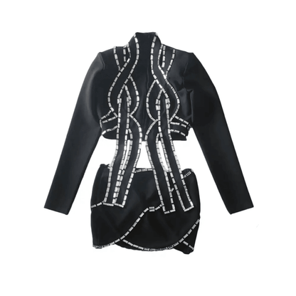 Black Crystal Trim Cutout Blazer Mini Skirt Set