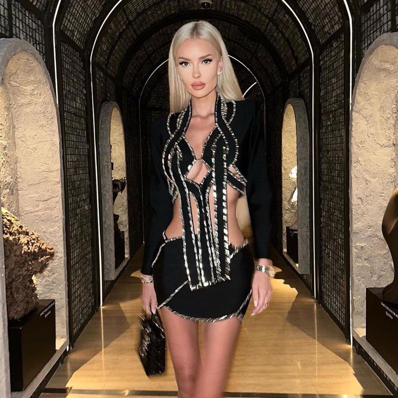 Freya Fabric Black Crystal Trim Cutout Blazer Mini Skirt Set