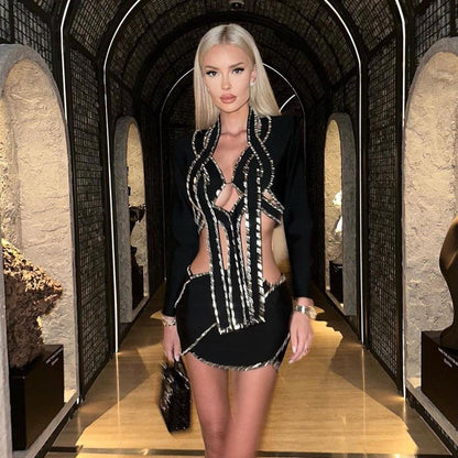 Black Crystal Trim Cutout Blazer Mini Skirt Set