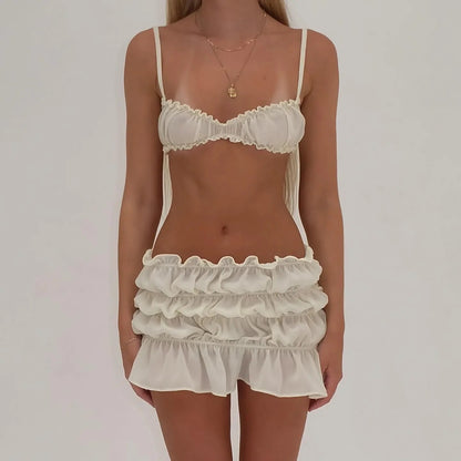 Ivory Ruffle Bralette Tiered Mini Skirt Set