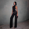 Freya Fabric Black Halter Neck Backless Top Wide Leg Set