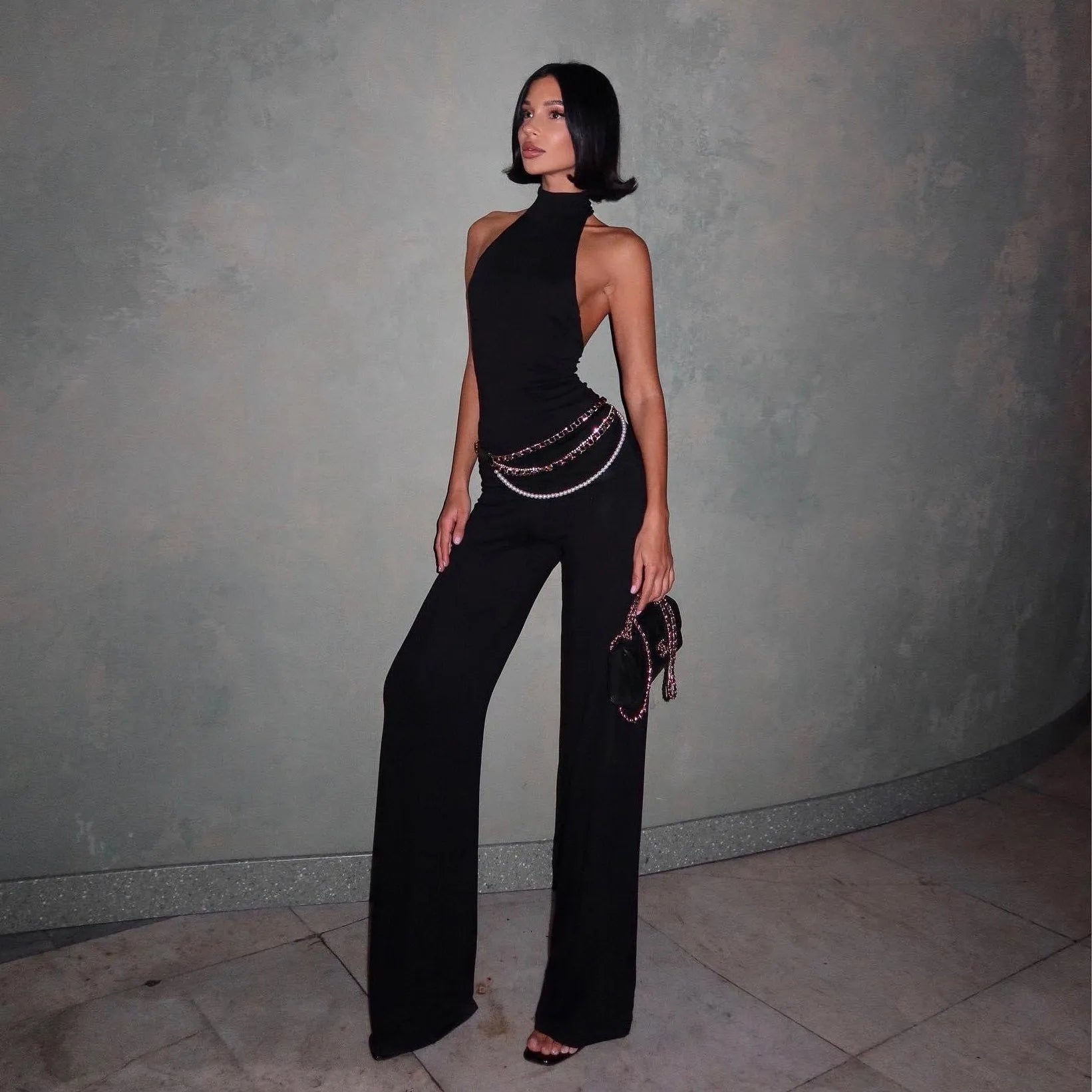 Freya Fabric Black Halter Neck Backless Top Wide Leg Set