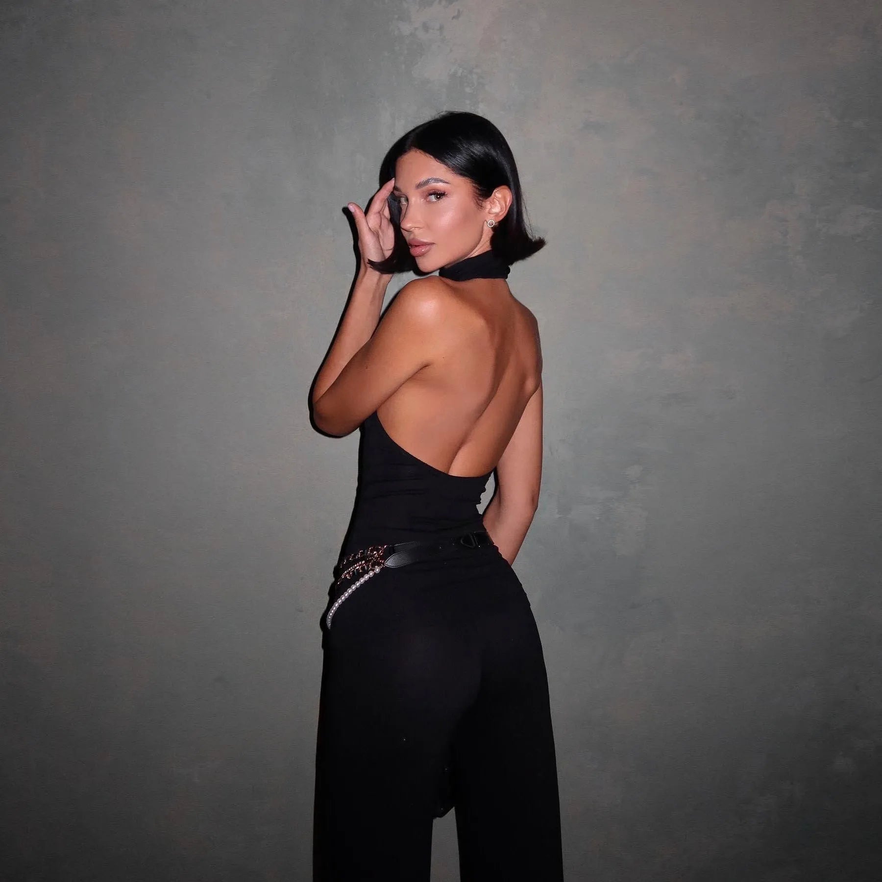 Freya Fabric Black Halter Neck Backless Top Wide Leg Set