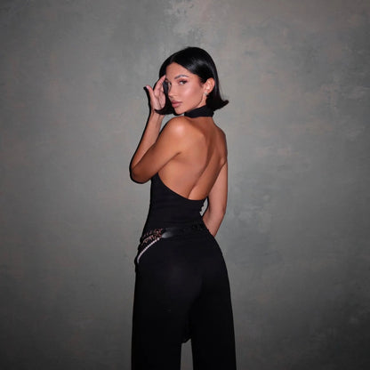 Black Halter Neck Backless Top Wide Leg Set