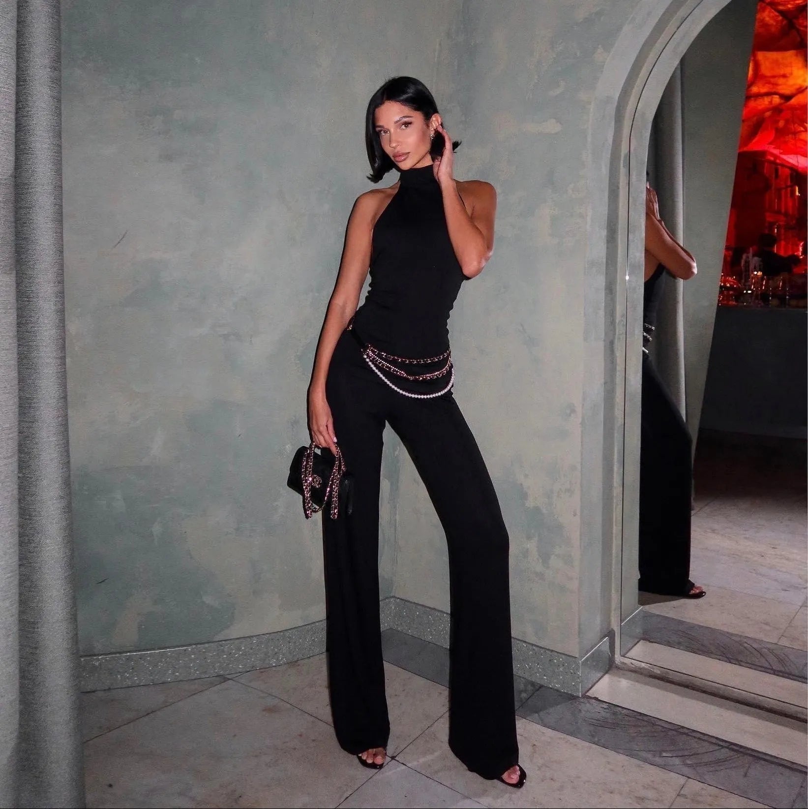 Freya Fabric Black Halter Neck Backless Top Wide Leg Set