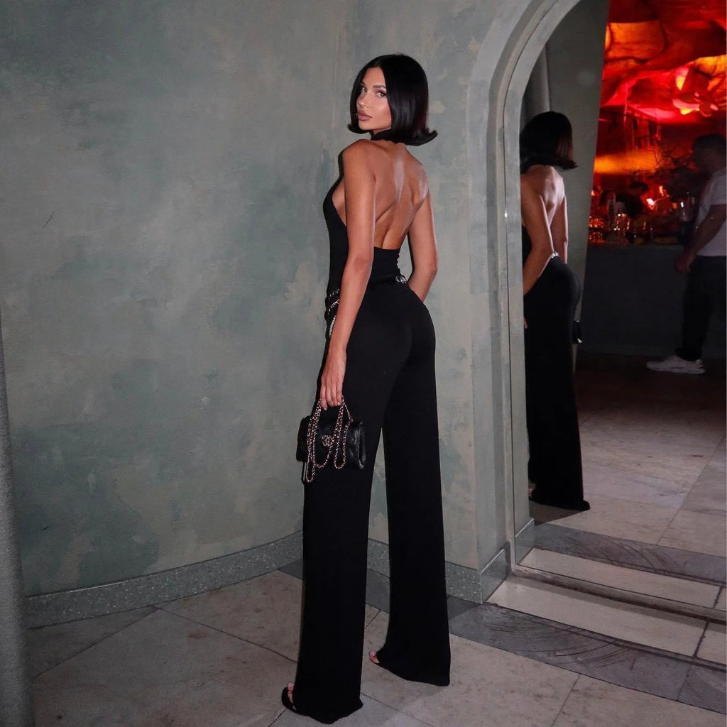 Freya Fabric Black Halter Neck Backless Top Wide Leg Set
