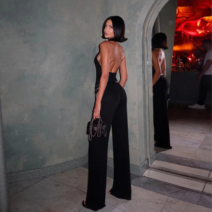 Black Halter Neck Backless Top Wide Leg Set