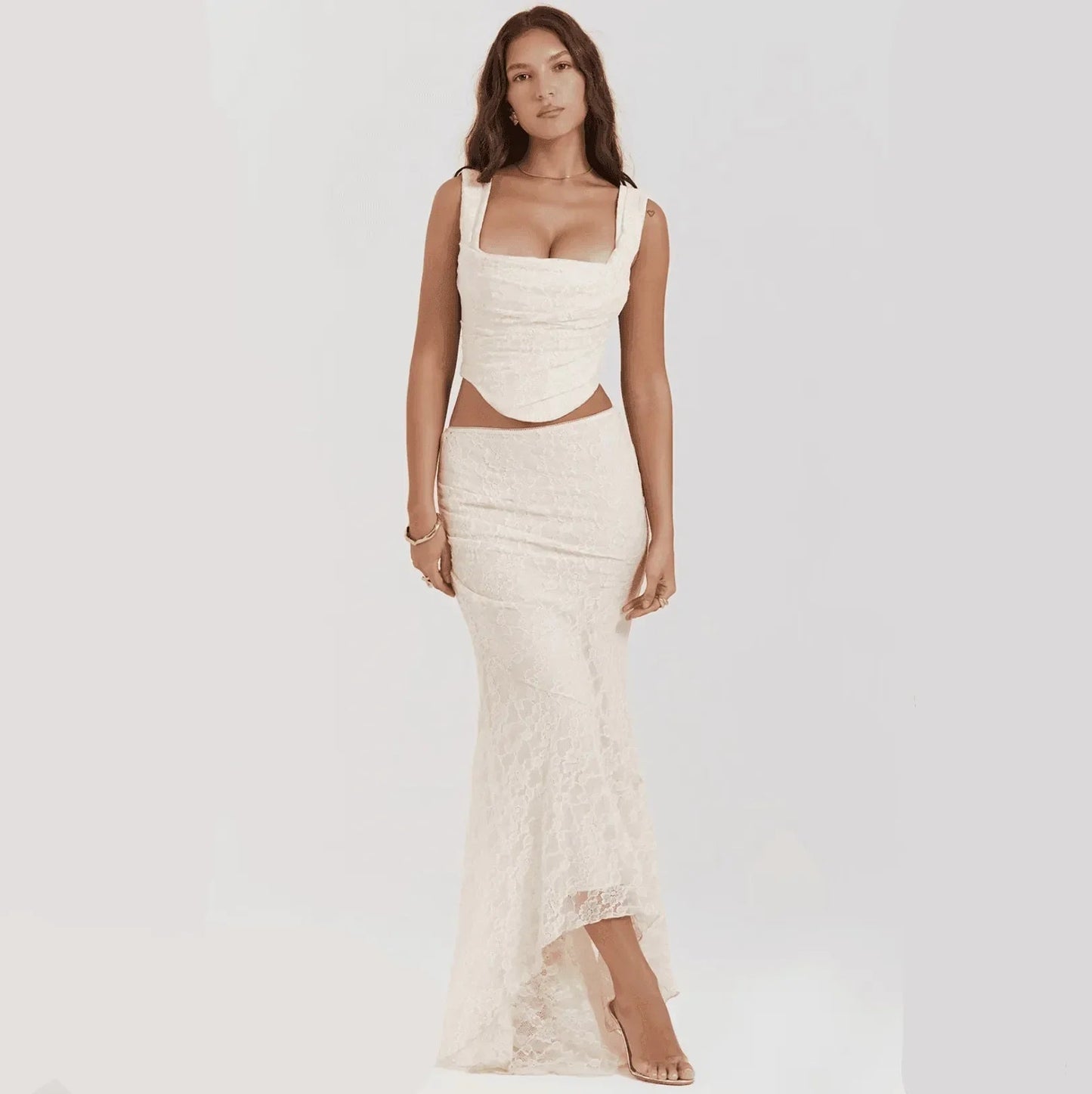Ivory Lace Corset Crop Top Maxi Skirt Set