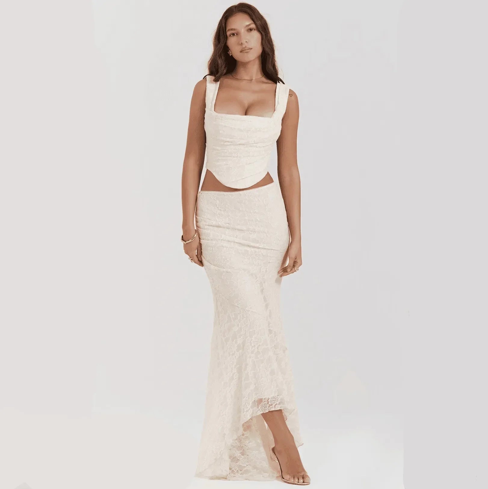 Freya Fabric Ivory Lace Corset Crop Top Maxi Skirt Set