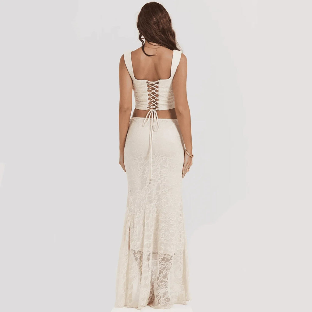 Freya Fabric Ivory Lace Corset Crop Top Maxi Skirt Set