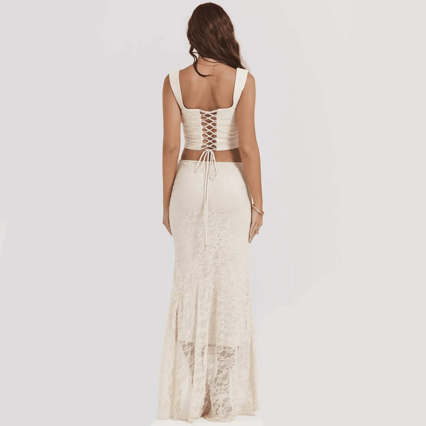 Ivory Lace Corset Crop Top Maxi Skirt Set