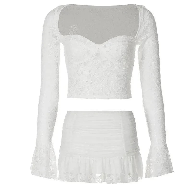 Freya Fabric White Lace Bustier Crop Top Ruffle Mini Skirt Set