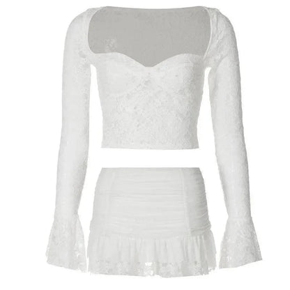 White Lace Bustier Crop Top Ruffle Mini Skirt Set