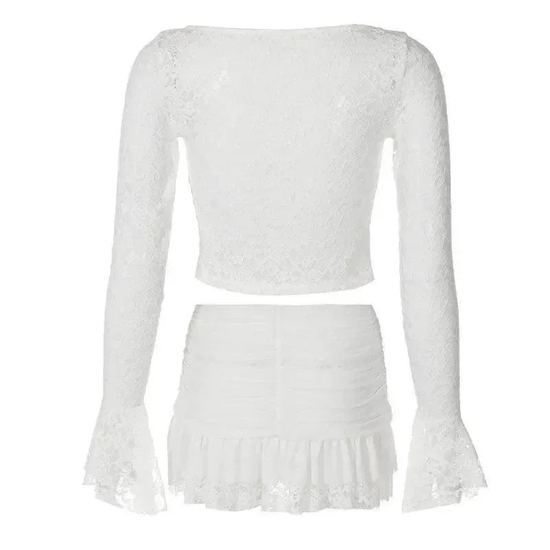 Freya Fabric White Lace Bustier Crop Top Ruffle Mini Skirt Set
