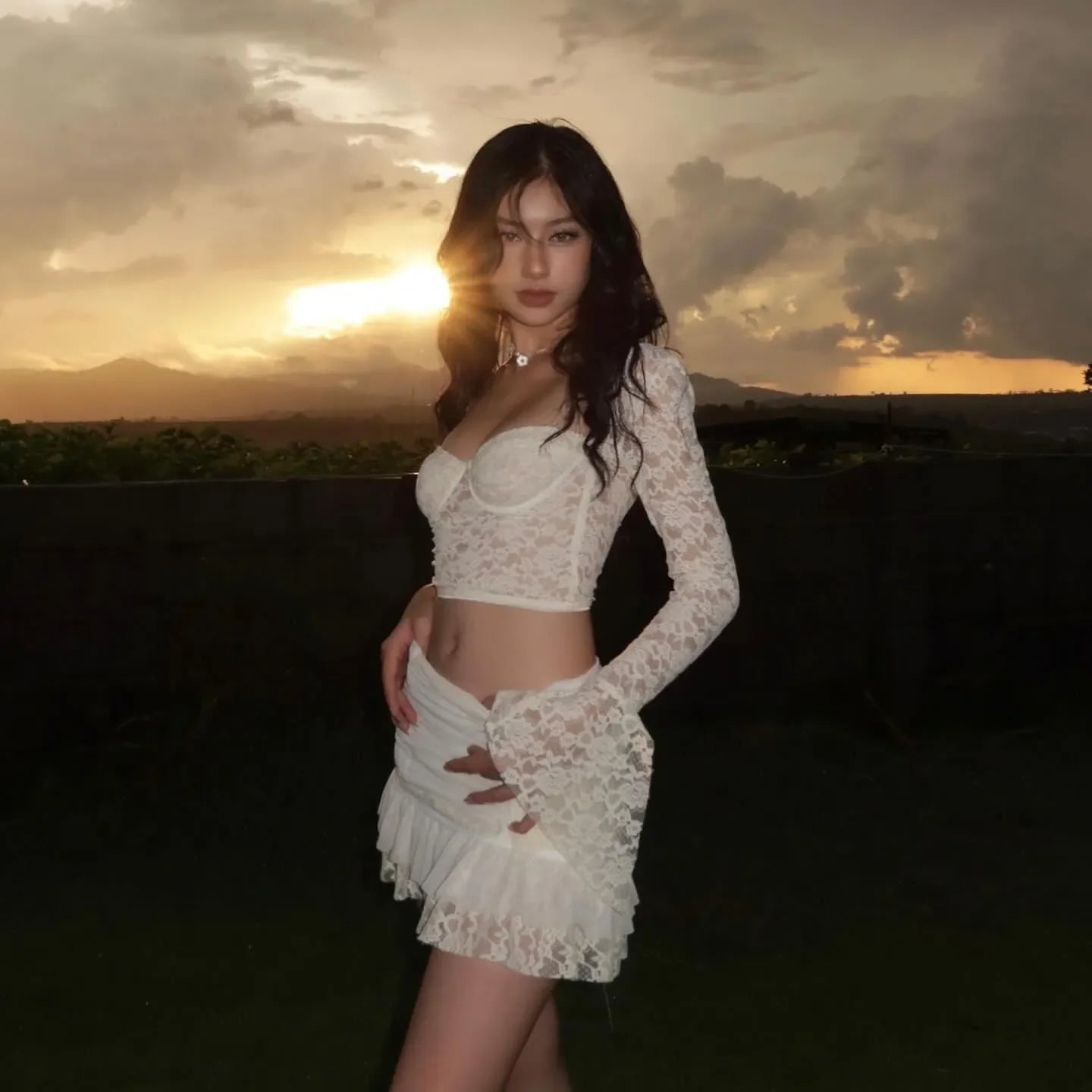 Freya Fabric White Lace Bustier Crop Top Ruffle Mini Skirt Set