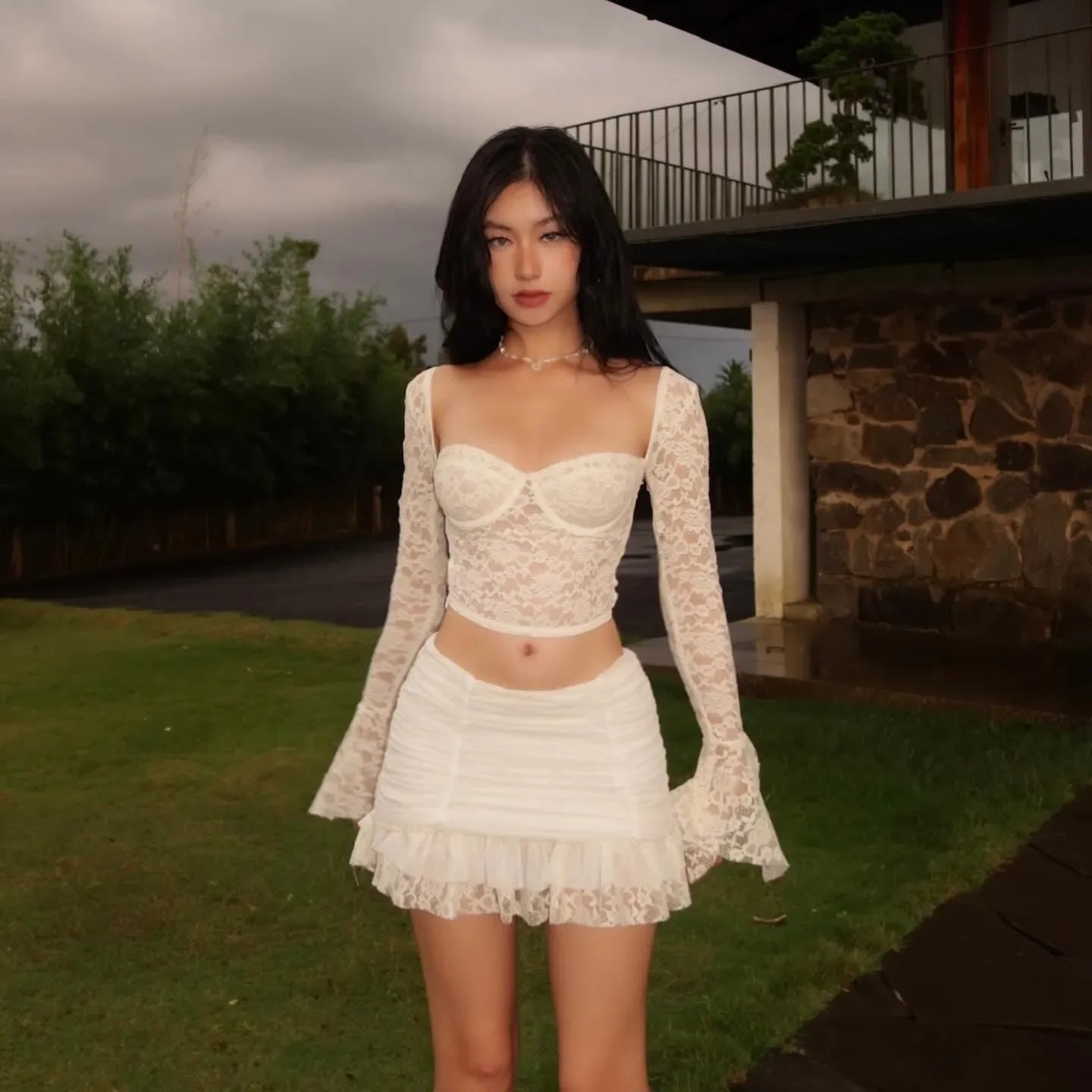 Freya Fabric White Lace Bustier Crop Top Ruffle Mini Skirt Set