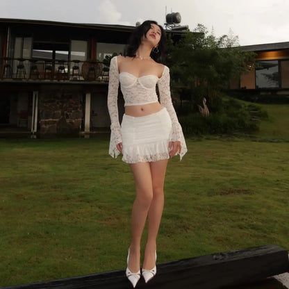 White Lace Bustier Crop Top Ruffle Mini Skirt Set