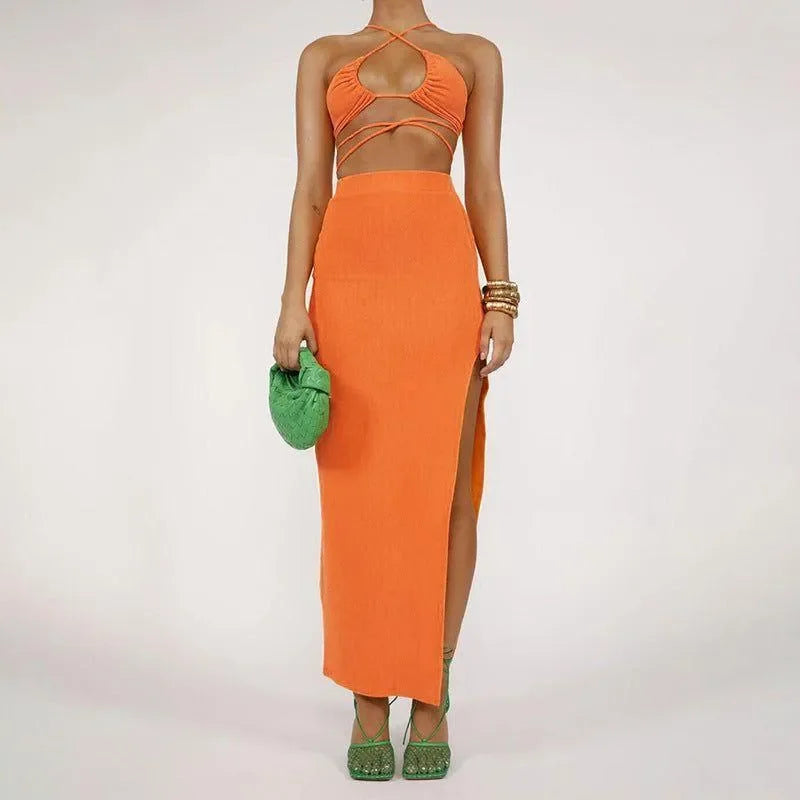 Orange Halter Lace-Up Ruched Crop Top Skirt Set