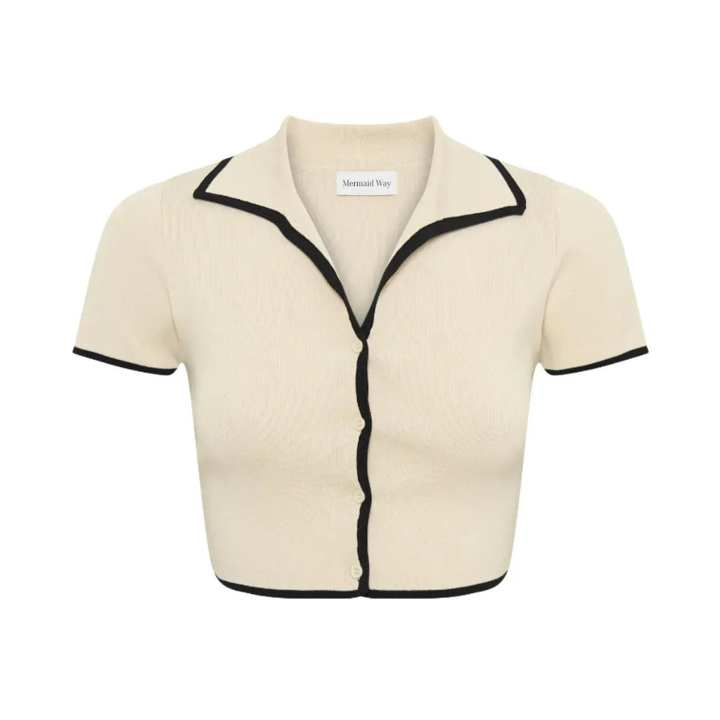 Freya Fabric Ivory Contrast Trim Knit Polo Top Mini Skirt Set