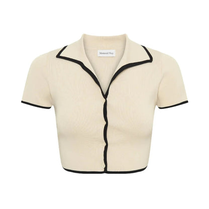 Ivory Contrast Trim Knit Polo Top Mini Skirt Set