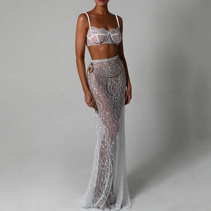 White Lace Bustier Crop Top Sheer Maxi Skirt Set
