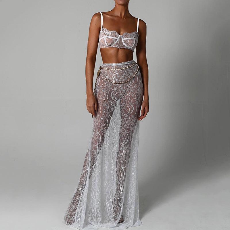 Freya Fabric White Lace Bustier Crop Top Sheer Maxi Skirt Set