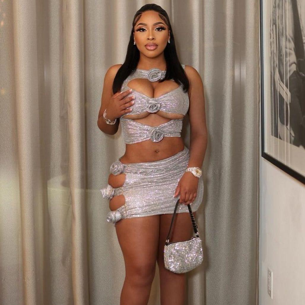 Silver Sequin Diamante Cutout Two Piece Set