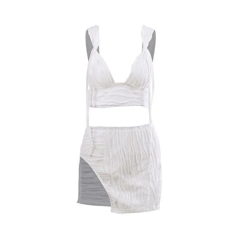 Freya Fabric White Textured Tie Crop Top Mini Skirt Set