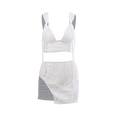 White Textured Tie Crop Top Mini Skirt Set