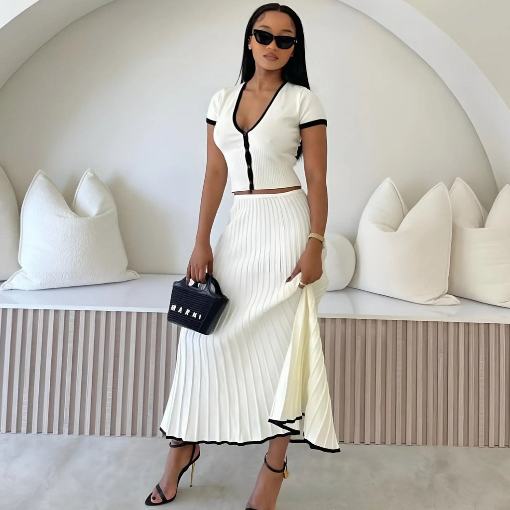Freya Fabric Contrast Trim Ribbed Knit Two Piece Skirt Set
