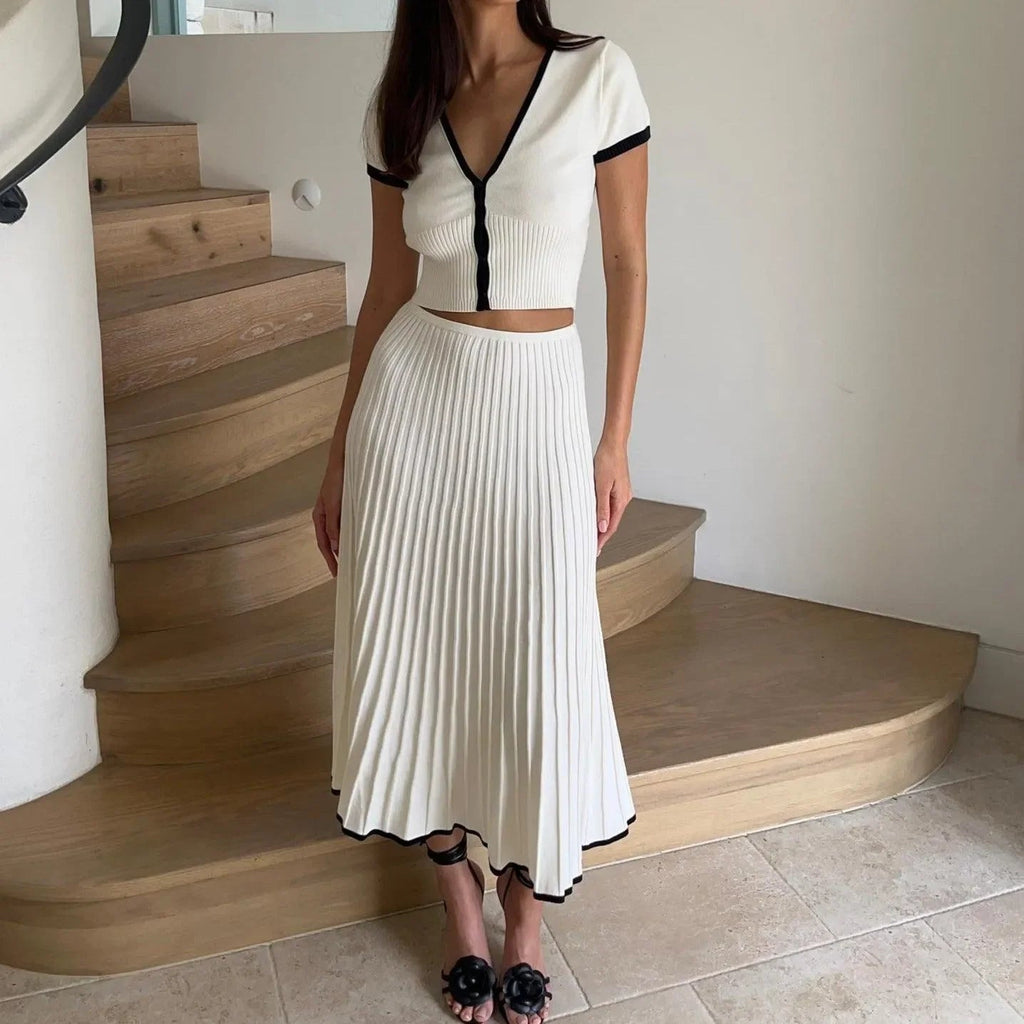 Freya Fabric Contrast Trim Ribbed Knit Two Piece Skirt Set