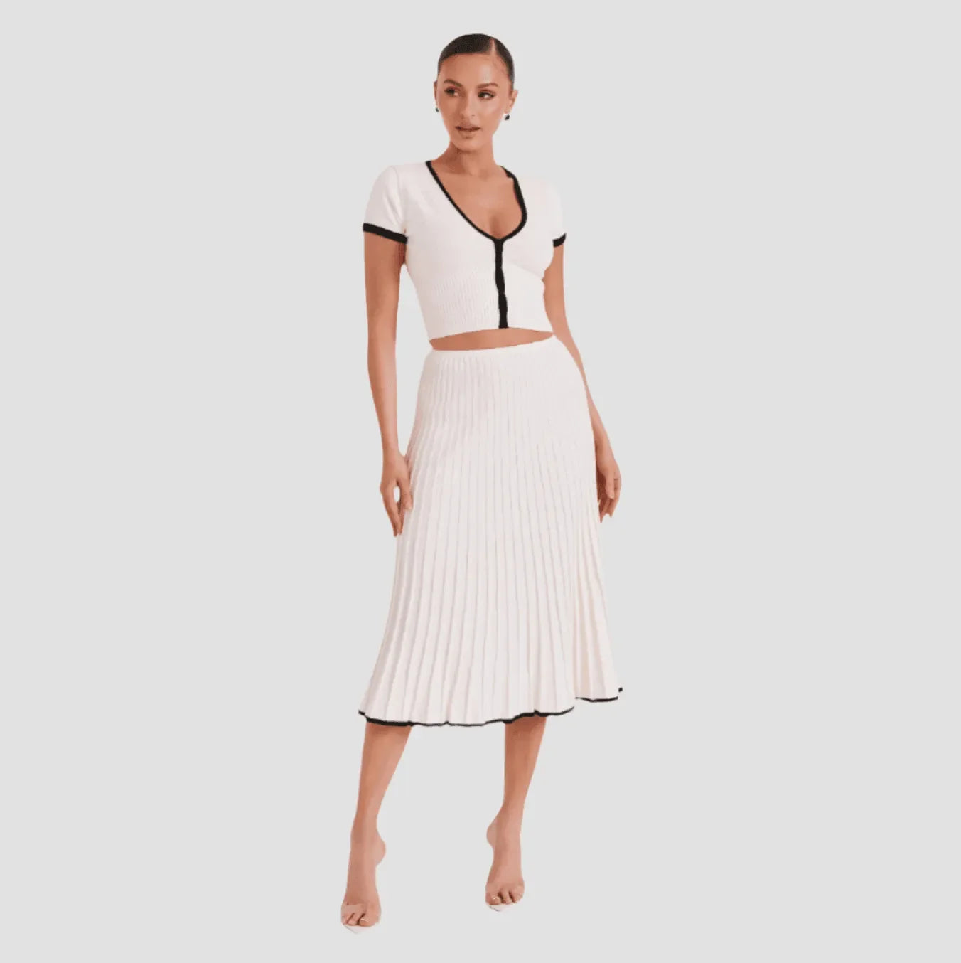 Contrast Trim Ribbed Knit Two Piece Skirt Set