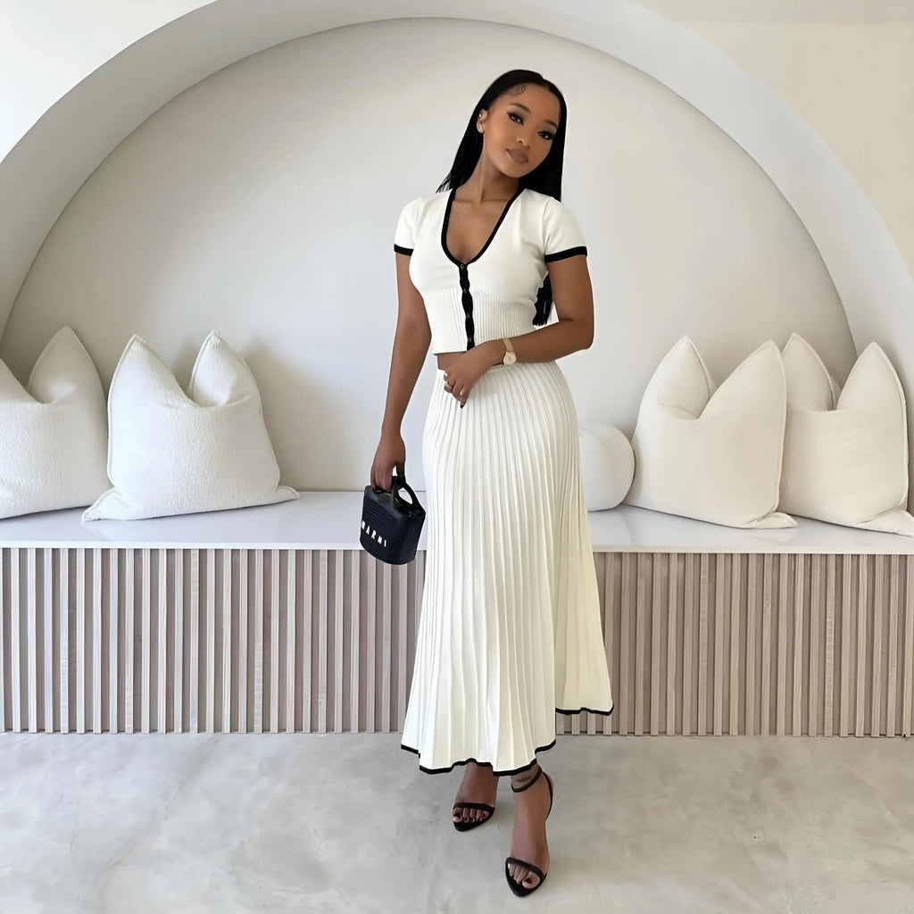 Freya Fabric Contrast Trim Ribbed Knit Two Piece Skirt Set