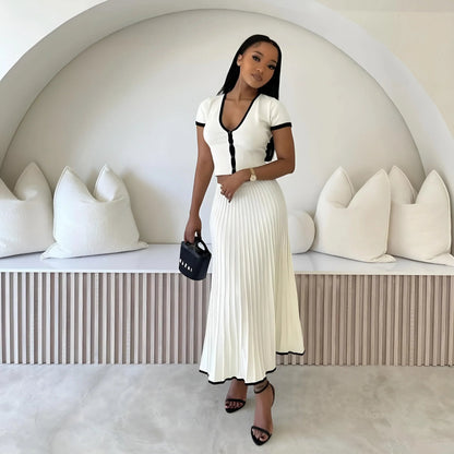 Contrast Trim Ribbed Knit Two Piece Skirt Set