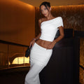 Freya Fabric White Ruched One Shoulder Crop Top Maxi Skirt Set