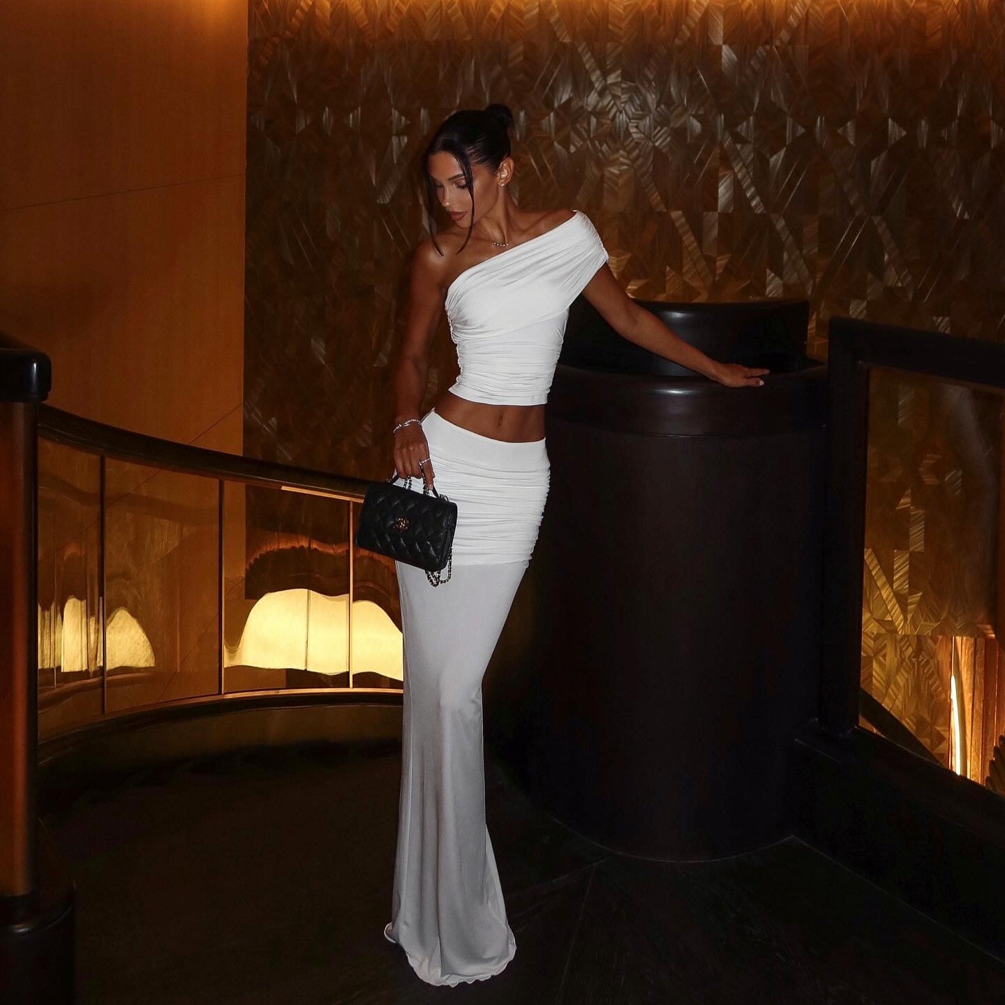 Freya Fabric White Ruched One Shoulder Crop Top Maxi Skirt Set