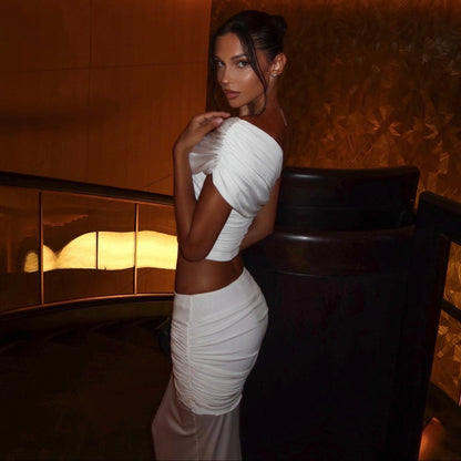 White Ruched One Shoulder Crop Top Maxi Skirt Set